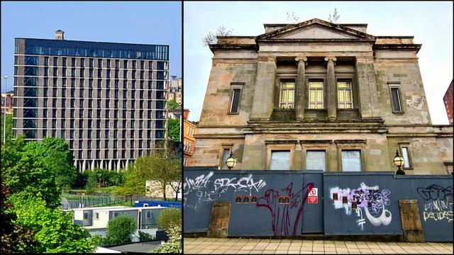A rather ugly new building which block a historic is shown on the left, while an abandoned Greek Revival style former Victorian church is shown on the right.
