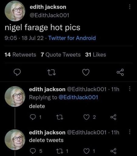 The screenshot shows a series of tweets from a Twitter account belonging to "edith jackson" with the handle @EdithJack001.

First Tweet:

Text: "nigel farage hot pics"
Timestamp: "9:05 · 18 Jul 22 · Twitter for Android"
Engagement: 14 Retweets, 7 Quote Tweets, 31 Likes
Profile Picture: A close-up photo of an older woman with glasses and short blonde hair.

Second Tweet (Reply):

Text: "delete"
Timestamp: "11h" (11 hours ago)
Engagement: 1 Reply, 2 Retweets, no likes indicated
Profile Picture: The same as the first tweet.

Third Tweet (Reply):

Text: "delete tweets"
Timestamp: "11h" (11 hours ago)
Engagement: 5 Replies, 1 Retweet, 1 Like
Profile Picture: The same as the first tweet.

-----

In summary, "edith jackson" initially posts an odd tweet about "nigel farage hot pics" and then, 11 hours later, replies to her own tweet, instructing to "delete" and then more specifically to "delete tweets." The engagement metrics indicate that the initial tweet received a moderate amount of interaction.