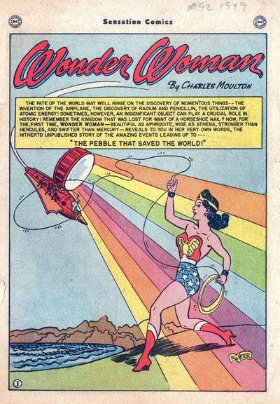 Wonder Woman tackles a space ship that is shooting rainbows out
