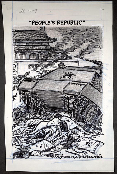 A poignant cartoon in Herblock’s brilliant graphic style captures the tragedy of the massacre with an image of a Chinese People’s Army tank mowing over the limp bodies of student protesters. Grey monotones add to the sombre mood. Title above the cartoon reads: ‘People’s Republic’.