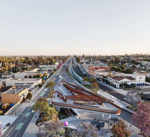 Aerial daytime rendering of Sankofa Park and what a re-designed Crenshaw District will look like when the project is complete