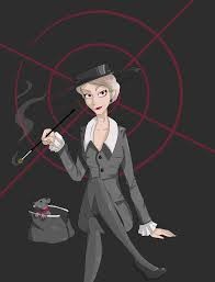 Cartoon of a woman dressed as a 1930s gangster smoking a cigarette in a long cigarette holder. She has a mischievous sidewards look towards the viewer.