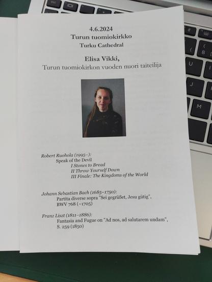 Elisa Vikin urkukonsertin ohjelma, jossa ensimmäisenä Robert Ruoholan Speak of the Devilin maailman kantaesitys.