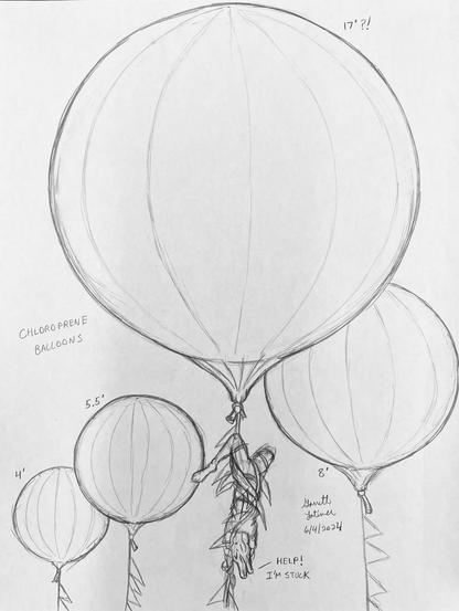 A pencil sketch of various large chloroprene balloons, from 4 feet to 17’ in diameter, trailing strings of carwash flags.  A very miserable anthropomorphic pliosaur is thoroughly tangled in the flag string of the largest balloon.