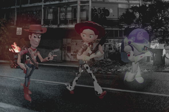 The trio are walking through a rundown town with a burning barrel in a dimly lit night. They're armed with dual pistols, a shotgun and a submachine gun. Jessie even has shoulder pads or something for added protection 😭😭 (it was so hard finding photos for post apocalyptic stuff; I even had to use a heavy tf2 photo for the ammo thingy the cowboy guy has) speaking of the cowboy dude, he even has some blood-stained bandages on his right shoulder (reference to his arm being damaged at the second toy story movie?)

I did this poster first than the other, simpler one tho lol