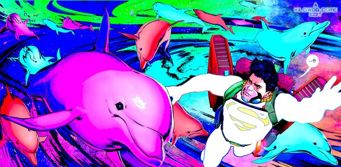 A comic panel. Superman is in a brilliant yellow suit with an external jet pack and a breath mask, ready for space travel. All around him is a swirling vortex, and space dolphins who are frolicking in microgravity. The vortex and dolphins are bright pastel and neon-colored like Lisa Frank artwork. A caption reads "A Kilowog-core Edit".