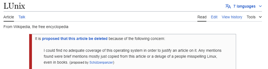 Wikipedia LUnix article scheduled for deletion.