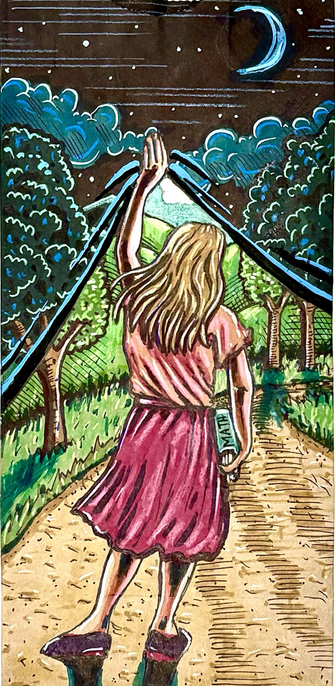 Illustration of a little girl on a road lifting up the curtain of night showing the day on a brown paper bag.