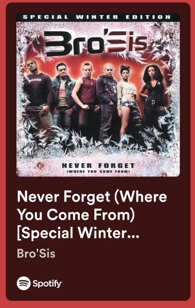 Screenshot von Spotify mit Album Cover und Text: Never Forget (Where You Come From) [Special Winter Edition]. Das Cover zeigt die Band in der Mitte, 6 Menschen, die nebeneinander stehen. Über ihnen der Band-Namen, unten der Album-Name. Am Rand ist ein Rahmen aus Eiskristallen.