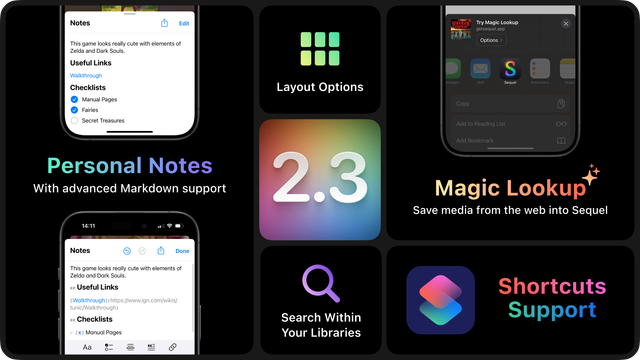 A Bento box style slide highlighting the new features in 2.3:
- Personal Notes, with advanced Markdown support
- Magic Lookup: Save media from the web into Sequel
- Shortcuts Support
- Layout Options
- Search Within Your Libraries
