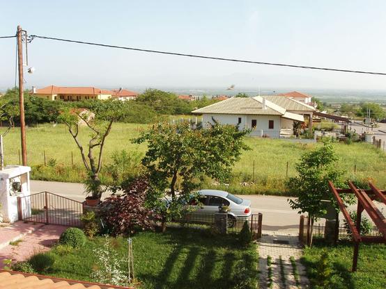 view from a window: fruit trees at the end of a garden, bungalows, a flat plain extending to the horizon.