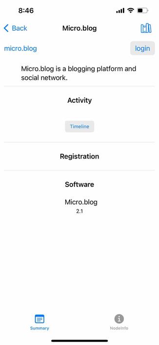 screenshot of a sparse micro.blog instance description 

Detected text:

8:46< Backmicro.blogMicro.blogMicro.blog is a blogging platform andsocial network.loginActivityTimelineRegistrationSoftwareMicro.blog2.1SummaryNodelnfo