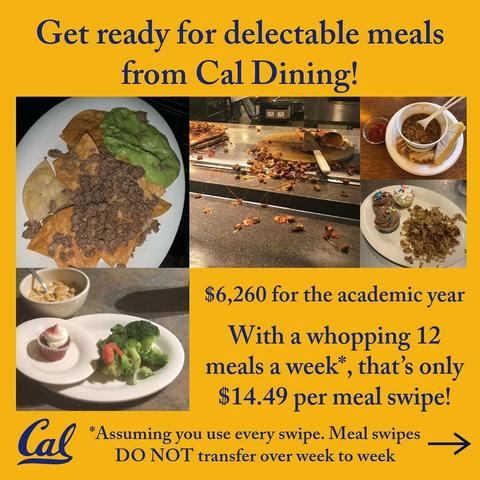 Text: Get ready for delectable meals
from Cal Dining!
$6.260 for the academic year
With a whopping 12
meals a week*, that's only
$14.49 per meal swipe!
*Assuming you use every swipe. Meal swipes
DO NOT transfer over week to week

Images: gross-looking dining hall meals