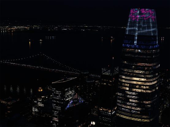 "If, as it advanced, the countermap's counter twirled the map around and down, spiraling out from Salesforce Tower to Bolinas as unwaveringly as the boléro." (If Map #5) on the second tallest building west of the Mississippi River, San Francisco, California, February 2024. The Salesforce Tower Top art project is a partnership between Jim Campbell Studio and BXP/Boston Properties.