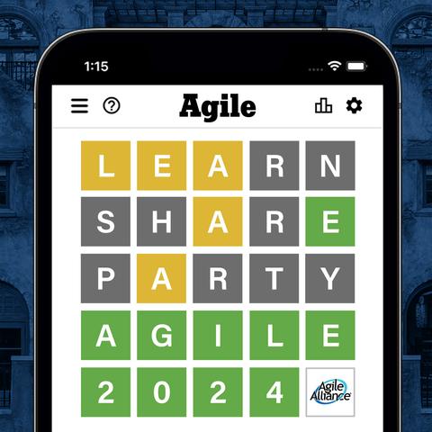 Phone screen with a Wordle game grid that uses the tiled words: LEARN, SHARE, PARTY, AGILE, 2024