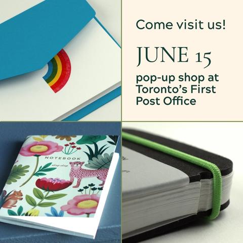 A grid of 4 images, 3 photos and 1 box of text. Text reads: Come visit us! June 15th. Pop-up shop at Toronto's First Post Office. A detail of a black notepad with white paper and a green elastic band. A greeting card with a rainbow and a blue envelope. A notebook featuring a tiger and wild flowers. Text on top of the notebook reads: Notebook. Clap Clap.