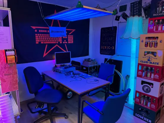 Desk with a blue light above