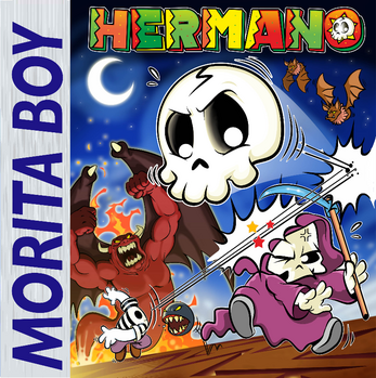 box cover for hermano game with boy throwing skull and hitting skeleton, winged demon in background
