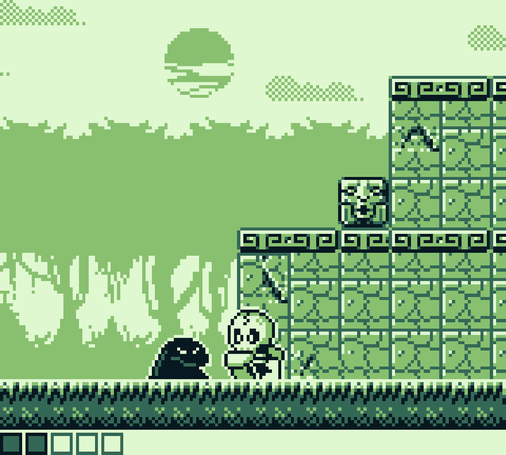 game boy game screen showing skull player running with platforms and trees and clouds background