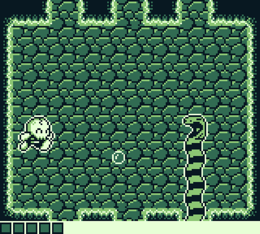 game boy game screen showing skull player jumping in room with snake rising from ground