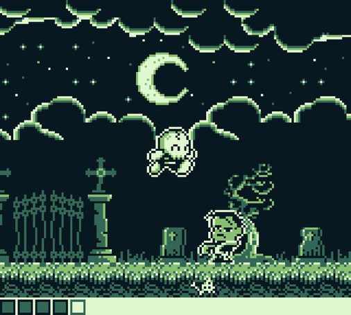 game boy game screen showing skull player jumping over zombie in background moon and dark clouds night time