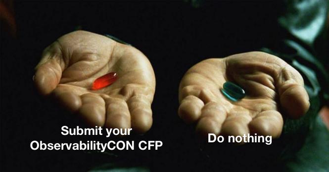 Morpheus hands a red pill and a blue pill.