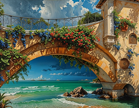 Ocean island on the horizon, seen under a stone bridge with ornate architecture and covered with vibrant blooming vines, under a blue sky filling with dramatic thunderclouds.