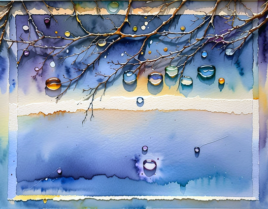An intricate tree branch with clear polished colored gems growing from it, some dropping to the ground, against a backdrop of mostly blue and gold washes of color. Watercolor style.