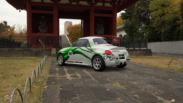 Video game screenshot of a small white sports car outside a Japanese temple.