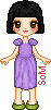 A small pixel doll of a girl with black bobbed hair, a purple dress, and green slip-on shoes.