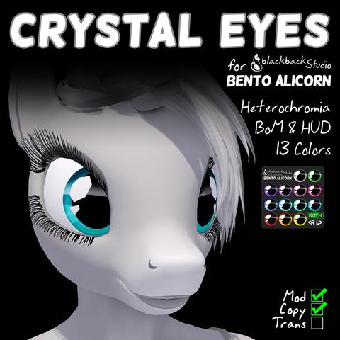 A product advertisement for "Crystal" eye textures for the [bbS] Bento Alicorn head in Second Life. A light grey pony avatar with short grey hair and bright aqua colored eyes with polygonal cartoon shine on them akin to the G4 crystal ponies in the My Little Pony TV show.