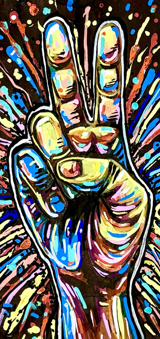 Illustration of a colorful hand giving a peace sign with color exploding in the background drawn on a brown paper bag