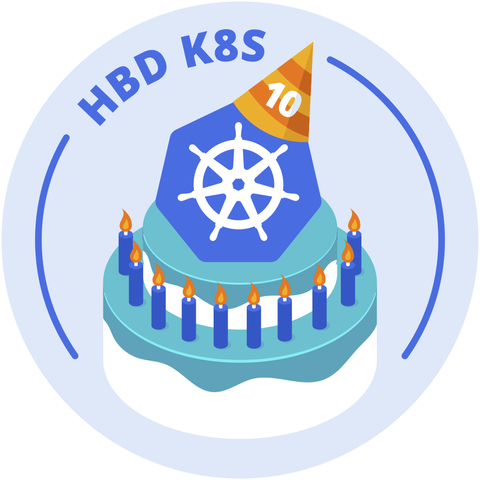 A vector image of a cake with candles and the Kubernetes logo on top. The Kubernetes logo has a party hat on top of it with the number "10" on it. Near the top of the image are the words "HBD K8S"