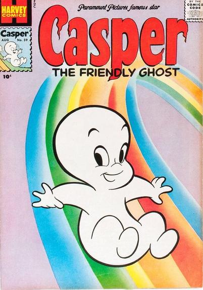 Casper, who is a smiling ghost, is sliding down a rainbow.