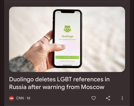 A news panel from CNN, with a headline reading "Duolingo deletes LGBT references in Russia after warning from Moscow".
