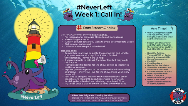 Alt text: week one of the calendar from Save OFMD Crew for Pride month. This week's action is to 'Call In'. There is further information on the box below. There is also a box to the right with "any time" actions that can be performed all month. Long description in the comments.