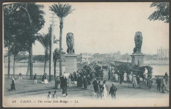 Printed monochrome postcard showing a view of the Great Nile Bridge at Cairo, Egypt.
Published by Lévy Fils et Cie, Paris, No LL 93, c.1905-10.
Postally unused.
Very good condition, with slight corner bumps.