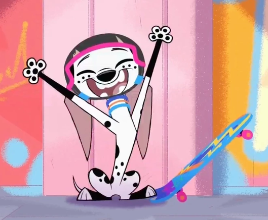 Screenshot from "101 Dalmatian Street" showing Dolly, a female cartoon dalmatian with the typical white fur and black spots.

She wears a black skateboard helmet woth dark-pink frame and several thon, bright-colored necklaces. The black fur on her front legs is made to look like she's wearing leg warmers.

She's raising her front legs in excitement, eyes closed and grinning widely, exposing her teeth, as she's stepping on a brightly colored skateboard with one paw.

She's generally designed to have a "cool" skater girl look.