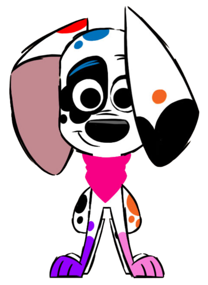 Screenshot from "101 Dalmatian Street" showing Dolly, a young and small female cartoon dalmatian with the typical white fur and black spots.

She has very big ears and wears a bright pink scarf.
Some of the usually black spots are colored in different, bright colors like orange, purple and blue.

Her front legs are also colored in pink fur on one side and purple on the other.

She's shown with a friendly smile, her right eye surrounded by black fur that slightly resembles an ink blotch.