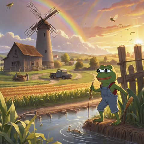 Pepe the frog in overalls looking at a beautiful farm at sunrise.