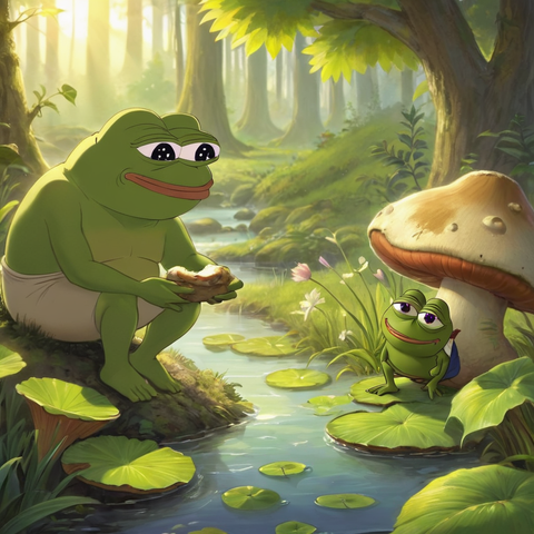 Pepe the frog sitting on the bank of a stream eating a sandwich while another, smaller Pepe sits under a big mushroom.