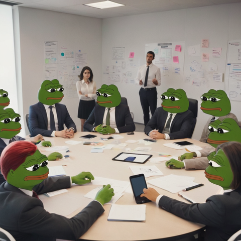 A bunch of Pepes sit around a business conference table doing Business™.
