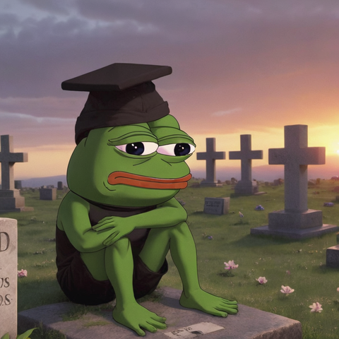 Pepe wears a graduation hat while sitting in a graveyard. Your guess is as good as mine.