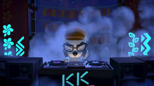 A close up of DJ KK, a white dog with large black eyebrows wearing a brown paperboy cap, standing at a DJ turntable holding headphones to his ears. It's night time, and he's lit by neon blue island designs and smoke effects.