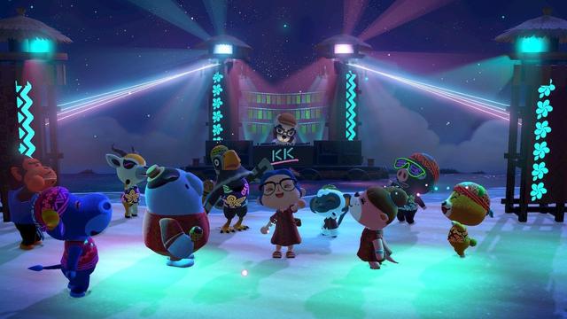 A shot of the beach at night, filled with neon lighting effects and smoke, as a dozen or so animal villagers dance along to DJ KK, who is manning the turntables on a floating barge. Everyone's wearing colourful concert clothes and fist-pumping the air.