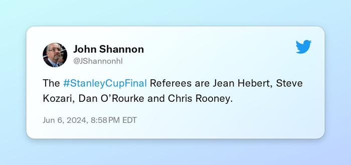The #StanleyCupFinal Referees are Jean Hebert, Steve Kozari, Dan O’Rourke and Chris Rooney.