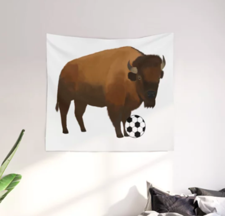 Our bison mascot is playing soccer.  Also works for our buffalo mascot is playing soccer.