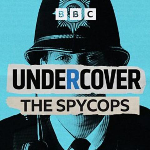 Black and blue logo of the podcast. In the background, a portrait of a British police officer wearing the typical hat. The officer's face is obscured. In the middle of the logo is the title of the podcast: Undercover, the Spycops.
