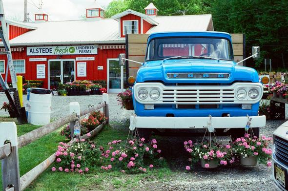 A vintage blue truck with pink flowers in front of it sitting in front of a farm market called "Alstede Fresh at Lindeken Farms"