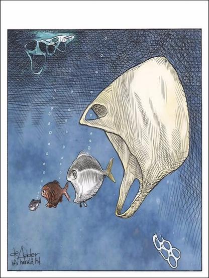 Cartoon drawing of three fish in the ocean, showing the standard food chain. A small fish is about to be eaten by a medium-size fish, which is about to be eaten by a larger fish. But behind the larger fish is a discarded plastic grocery bag that appears as though it has a mouth and is about to swallow all three fish.